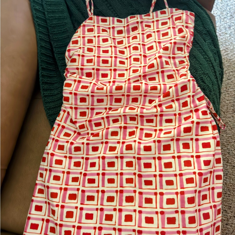 ZARA Pink & Red Geometric Mini Dress with Side Cutout - Size L